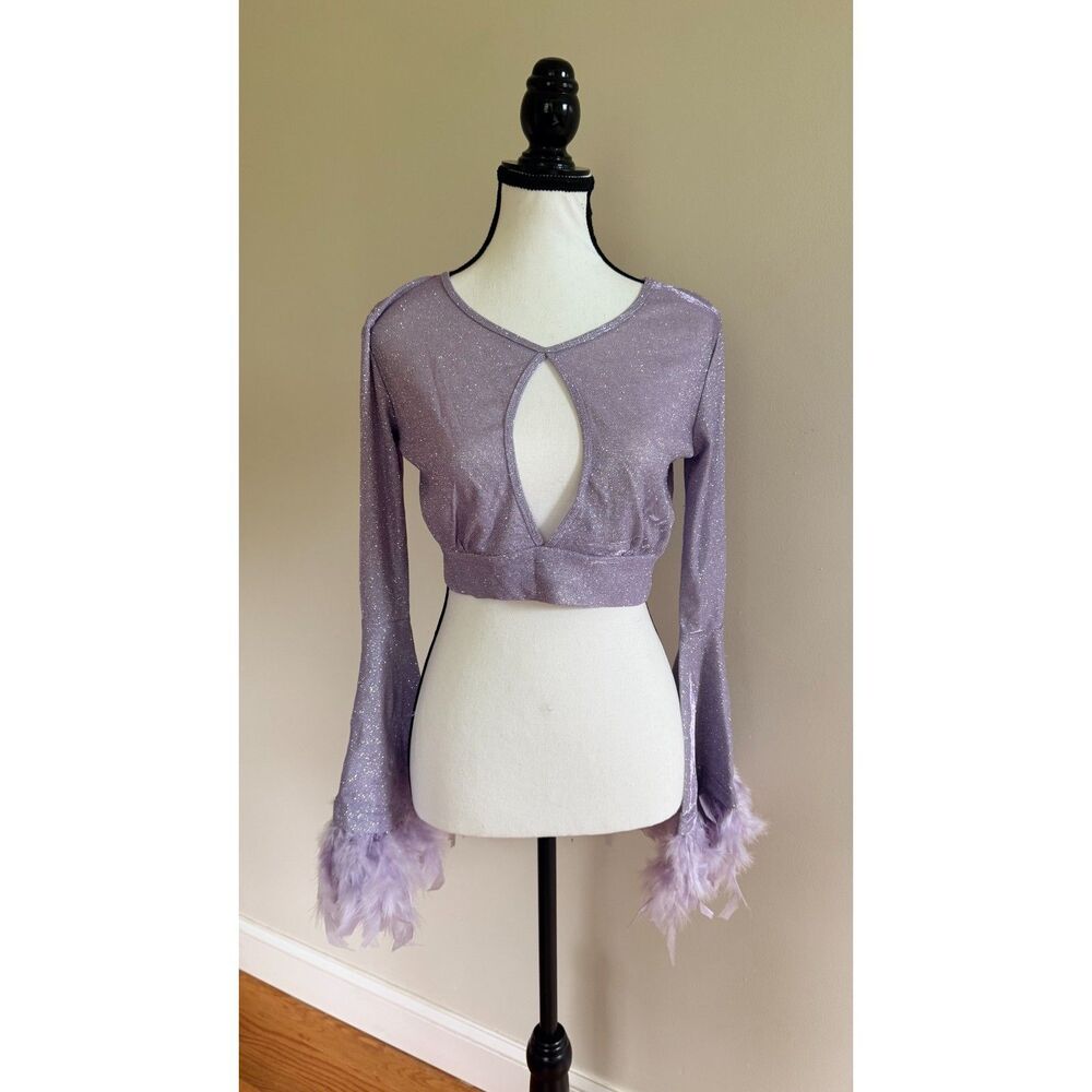 Sugar Thrillz Lavender Glitter Feather Bell Sleeve Crop Top